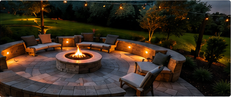 Round patio fire pit with seating and landscape lighting