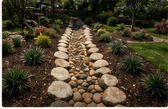 Decorative drainage bed with rocks