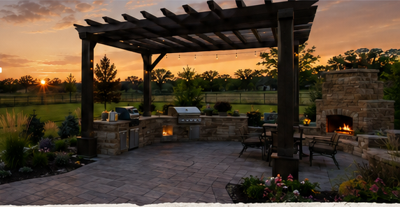 Outdoor kitchen and patio with stone features
