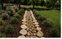 Dry creek drainage bed with rocks and plants